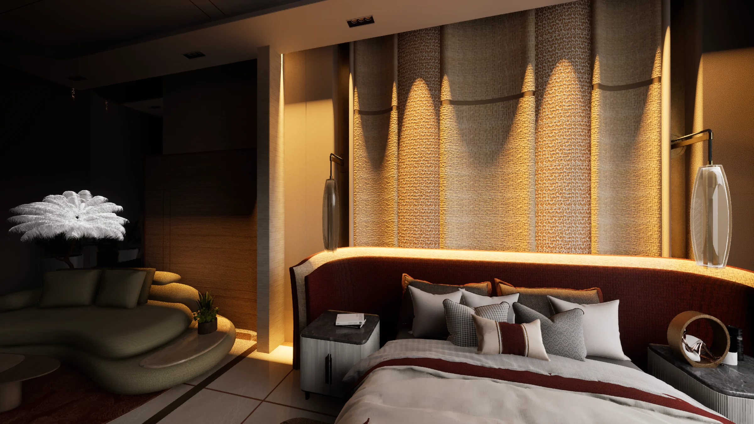 A warm, lamp-lit bedroom interior rendered in Unreal Engine with Deckerbridge materials and lighting