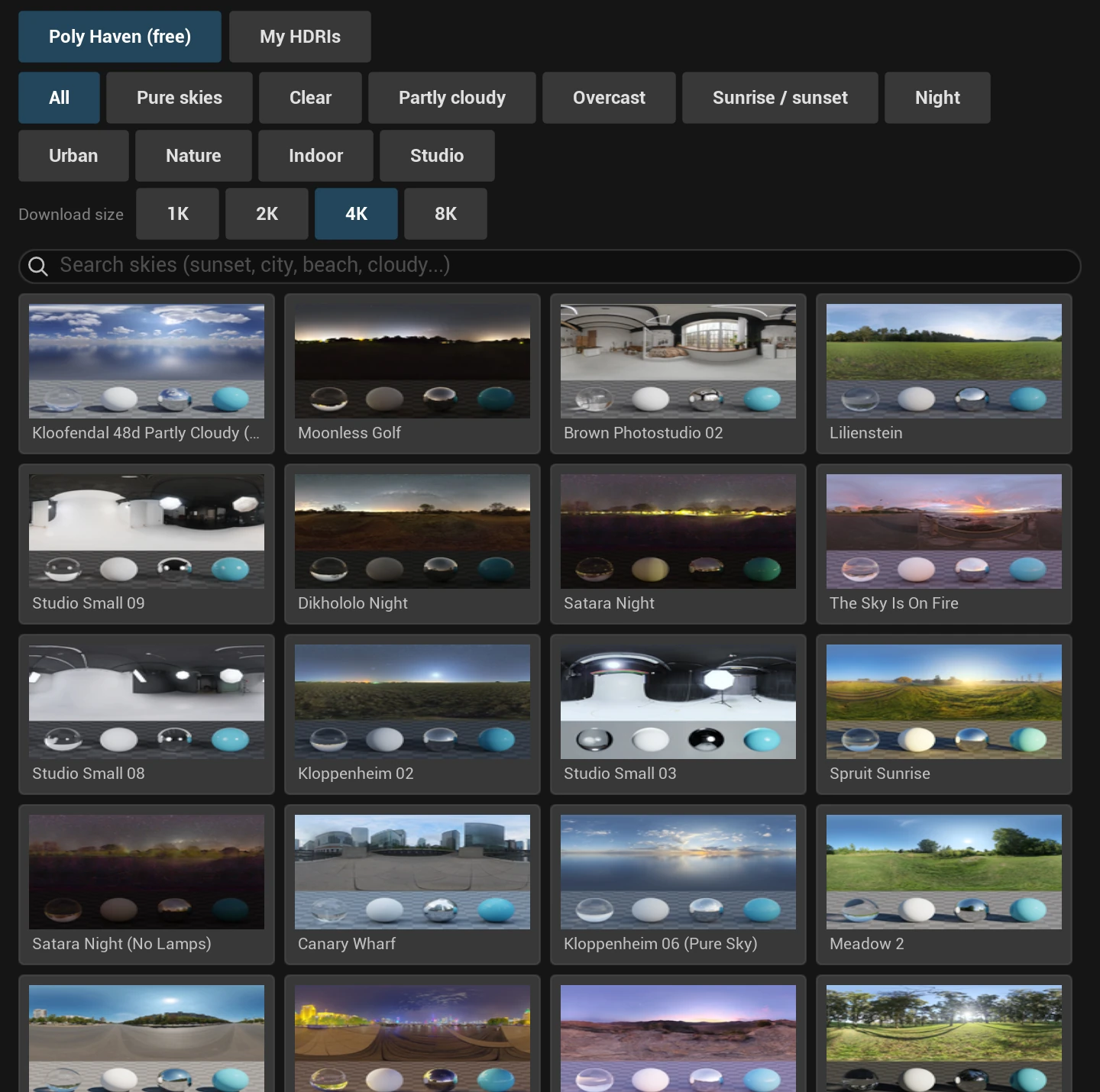 Deckerbridge HDRI library with Poly Haven sky thumbnails and filters
