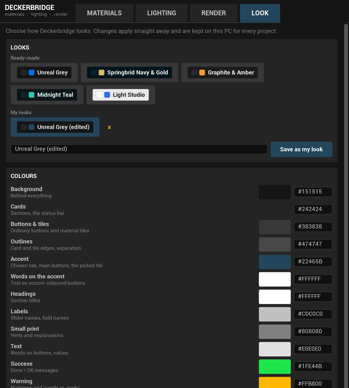 Deckerbridge Look tab with ready-made looks and colour settings